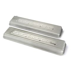 SB Chevy Cast Aluminum Valve Covers LS Classic Script Cast Finish
