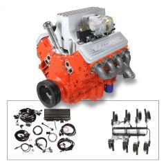 57 Fuelie Crate Engine, LS3 495 HP, painted orange with cast finish SB Chevy Val