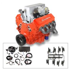 62 Fuelie Crate Engine, LS3 495 HP, painted orange with orange SB Chevy Valve Co
