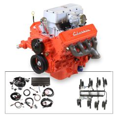 63 Fuelie Crate Engine, LS3 495 HP, painted orange with orange SB Chevy Valve Co